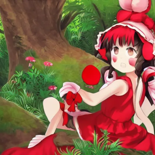 Image similar to a pixiv fanbox of reimu in the jungle wearing bonnet