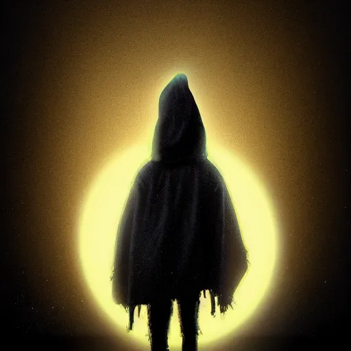 Prompt: A faceless eerie figure wearing frayed yellow hooded robes standing in front of a low solar eclipse. Detailed. Black Solar Eclipse in background. Dark Tone. Artstation. Concept art