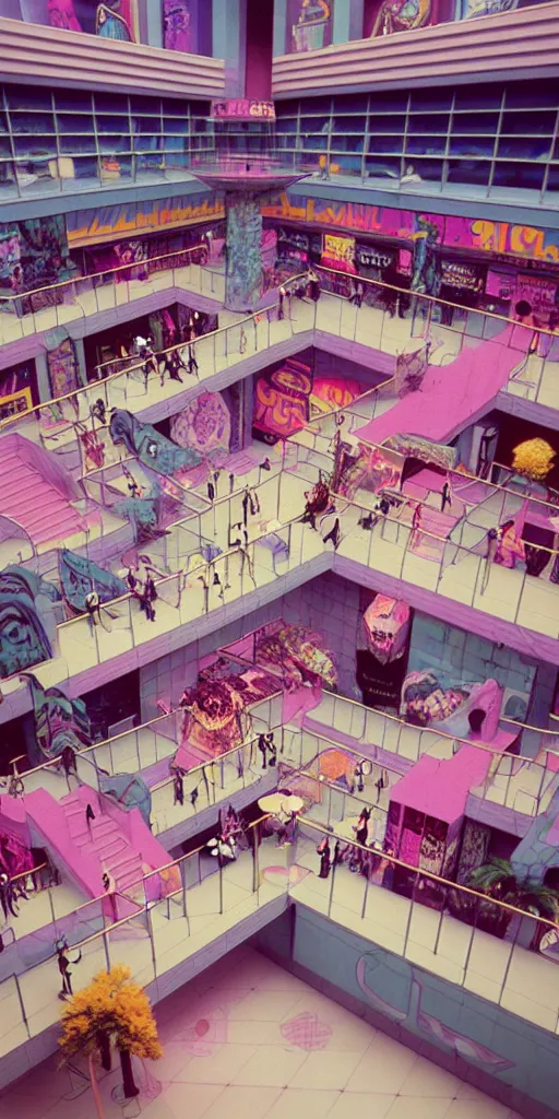 Image similar to huge sprawling angular dimension of infinite 8 0 s mall interior. liminal space, surrealism, mallsoft, vaporwave. muted colors, 8 0 s pop culture, food court, shot from above, endless, neverending epic scale by escher and ricardo bofill