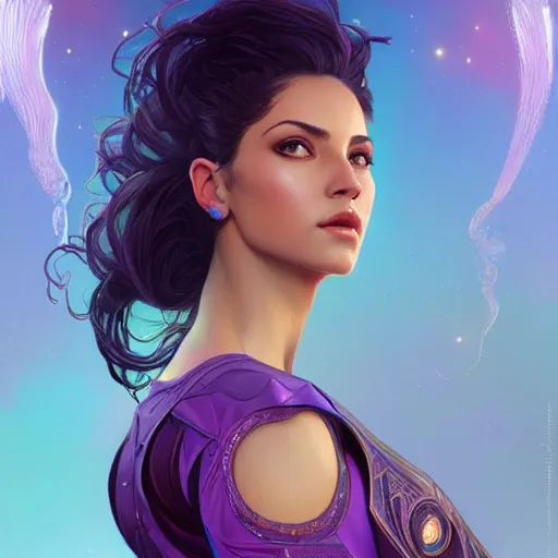 Image similar to Portrait of very very very very very very beautiful Latina woman, spacesuit, purple eyes, intricate, elegant, highly detailed, digital painting, artstation, concept art, smooth, sharp focus, illustration, art by artgerm and greg rutkowski and alphonse mucha