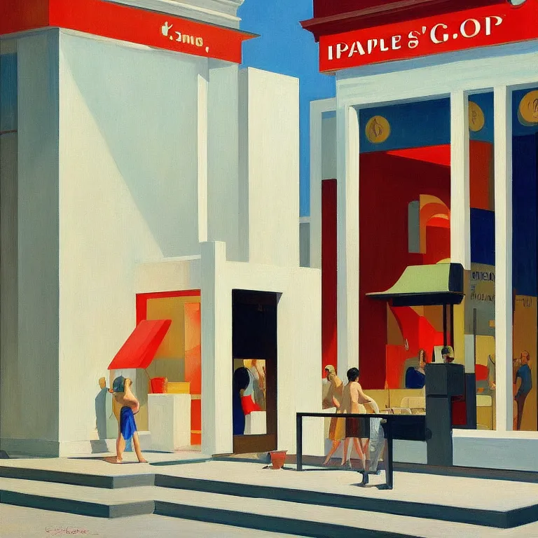 Image similar to apple store opening in ancient Greece, painted by Edward Hopper, painted by James Gilleard, airbrush