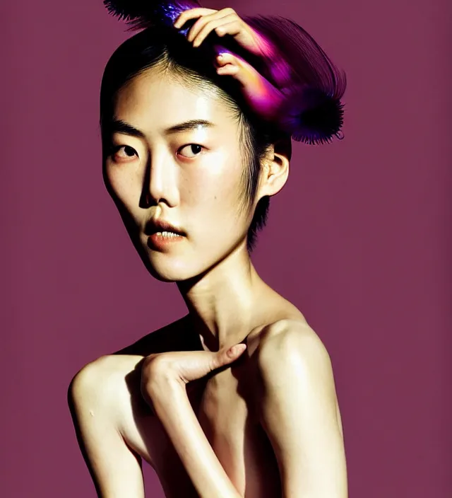 Prompt: photography american portrait of liu wen, natural background, sensual lighting, natural fragile pose, wearing stunning dress by iris van herpen, with a colorfull makeup. highly detailed, skin grain detail, photography by paolo roversi, nick knight, helmut newton, avedon, araki