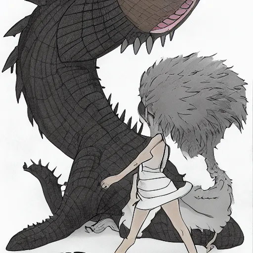 Image similar to Dark skinned girl and Godzilla, Studio Ghibli concept art