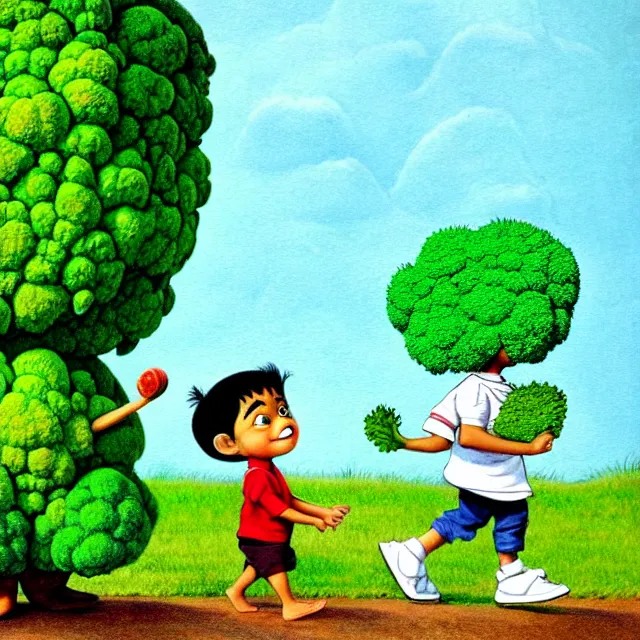 Prompt: epic professional kids book illustration of an East Indian toddler boy walking beside a friendly anthropomorphic broccoli, best on artstation, Behance, , astonishing, impressive, outstanding, epic, cinematic, stunning, gorgeous, masterpiece by Maurice Sendak and Bill Peet.