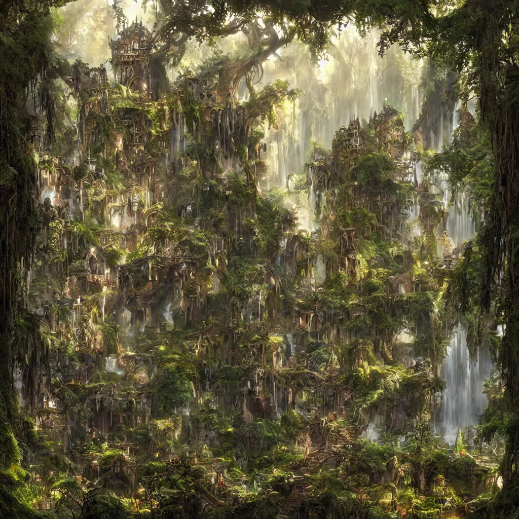 Image similar to fox in a fairy palace, castle towers, sunbeams, gothic towers, Japanese shrine waterfall, gold and gems, gnarly details, lush vegetation, forest landscape, painted by tom bagshaw, raphael lacoste, eddie mendoza, alex ross concept art matte painting