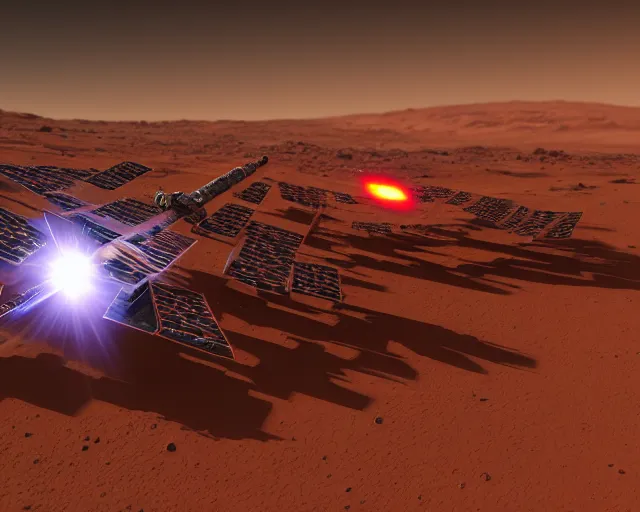 Prompt: UE5 renders epic space battle on orbit of Mars, in the style of Robert McCall by Jim Burns, 4k, 8k, HD, trending on artstation, lens flare lighting