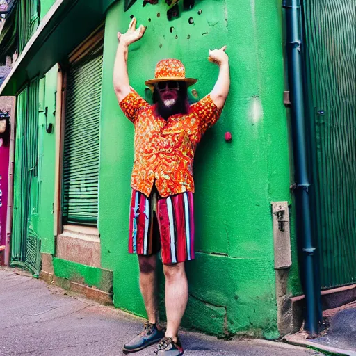 Image similar to Green man with a smug face and a fedora, wearing colorful outfit, uneven arms, in an alleyway, photo