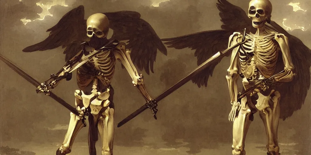 Image similar to portrait of a skeleton soldiers in the middle world, wearing helmets with wings, wearing european style armor, holding a sword in both hands, symmetrical, solemn, sacred, aura, by bouguereau