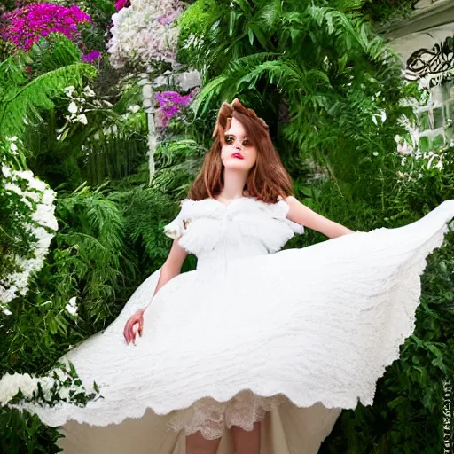 Image similar to wearing raybands full body fashion model emma watson smokey eyes makeup eye shadow fantasy, glow, shimmer as victorian woman in a long white frilly lace dress and a large white hat having tea in a sunroom filled with flowers, roses and lush fern flowers ,intricate, night, highly detailed, dramatic lighting , high quality