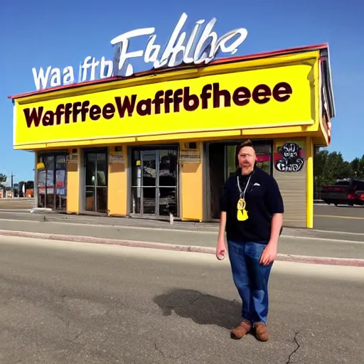 Image similar to wafflehouse employee's standing below wafflehouse sign