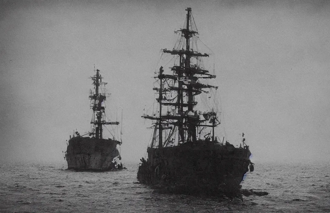 Image similar to ship ever further out to sea futuristic wanders in disconsolate disarray intact flawless ambrotype from 4 k criterion collection remastered cinematography gory horror film, ominous lighting, evil theme wow photo realistic postprocessing directed by kurosawa wanders in disconsolate disarray artists oeuvre jan van der heyden