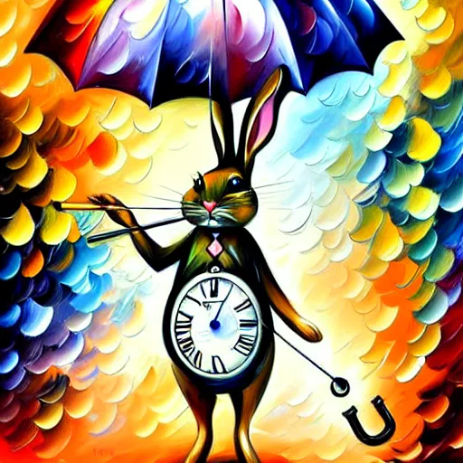 Image similar to rabbit with an umbrella in the rain looks at the pocket watch, by leonid afremov