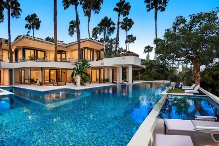 Image similar to 30 million dollar villa in Hollywood, beautiful architecture, pools, palmtrees, very detailed photorealistic advertisement photo