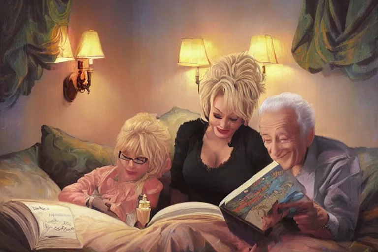 Image similar to portrait of dolly parton reading a bedtime story to bob barker in bed, an oil painting by ross tran and thomas kincade