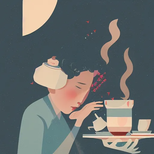 Image similar to illustration of a girl having a cup of coffee, happy feeling, waking up, by malika favre and victo ngai