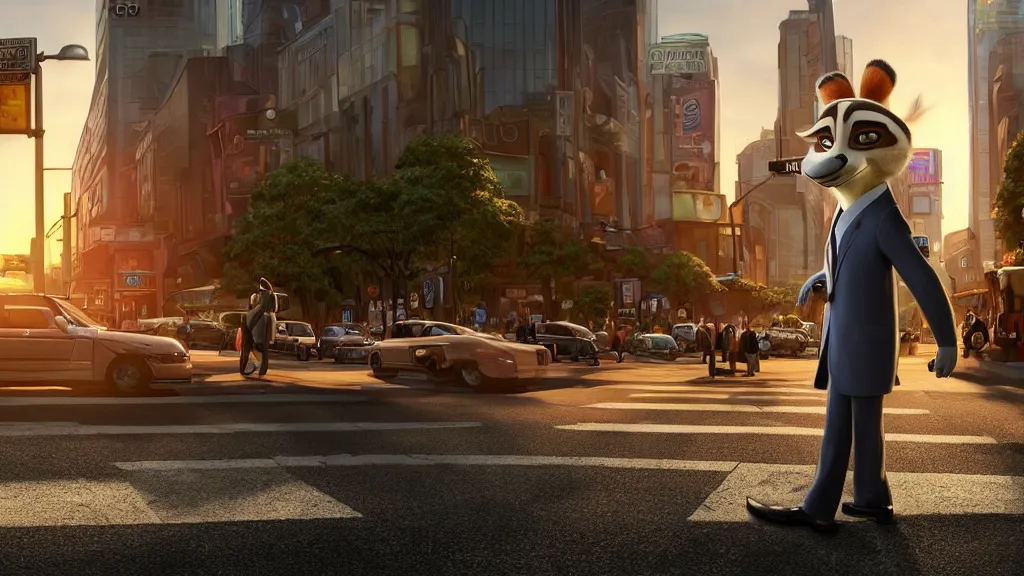 Prompt: An anthropomorphic raccoon businessman is walking down a busy crosswalk at sunset, warm lighting with an orange glow blanketing the cityscape, zootopia, other anthropomorphic characters are walking by him, extremely detailed, HDR, sideview, solemn and moody, many cars and animal people in the background, detailed face and eyes, visible pupils, the ground is wet with many rain puddles, reflections from the water on the ground, shadows are being cast from the cars and people walking around