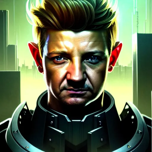 Image similar to portrait painting of a cyberpunk elf policeman who looks like jeremy renner, ultra realistic, concept art, intricate details, eerie, highly detailed, photorealistic, octane render, 8 k, unreal engine. art by artgerm and greg rutkowski and charlie bowater and magali villeneuve and alphonse mucha