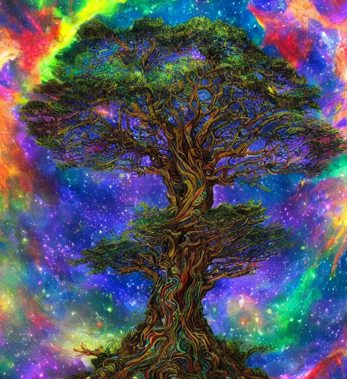 Image similar to a wlop 3 d render of very very very very highly detailed beautiful colorful mystic portrait of a tree on a hill with whirling galaxy around, tattoos by anton pieck, intricate, extremely detailed, digital painting, artstation, concept art, smooth, sharp focus, illustration, intimidating lighting, incredible art,