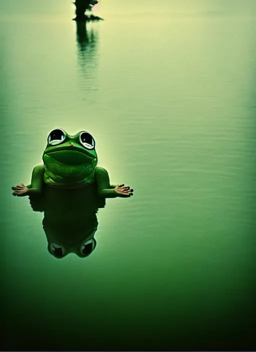 Image similar to “pepe the frog vertically hovering above misty lake waters in jesus christ pose, low angle, long cinematic shot by Andrei Tarkovsky, paranormal, eerie, mystical”