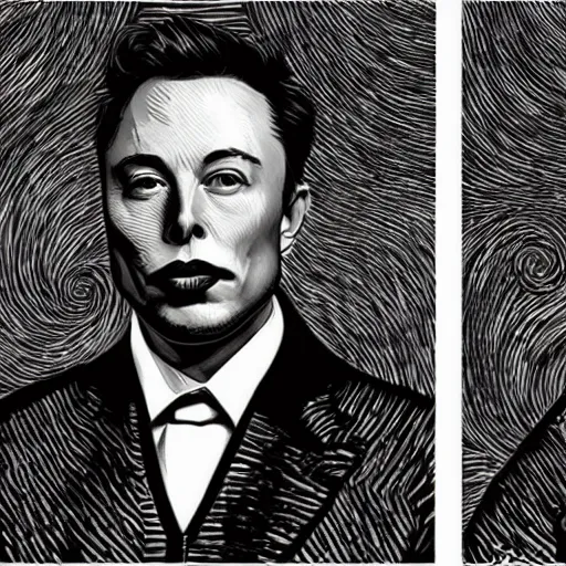 Prompt: portrait of elon musk, mashup between mc escher and vincent van gogh