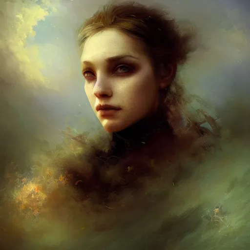 Image similar to dreams of the fae; three-quarters portrait; heterochromia; oil paints; 8k, surrealism, abstract imagery by Ivan Aivazovsky; by Aleksi Briclot; by Marc Simonetti