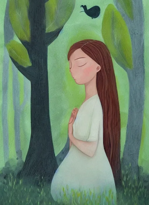 Image similar to a wonderful childrens illustration book portrait painting of a woman with serene emotion, art by tracie grimwood, forest, trees, many leaves, birds, whimsical, aesthetically pleasing and harmonious natural colors