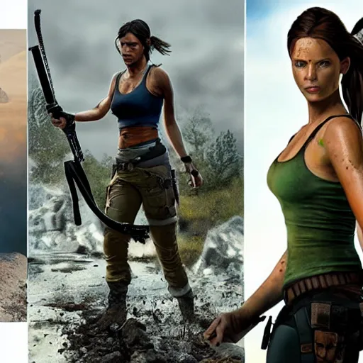 Image similar to lara croft, muddy face, examine diamond in awe, an film still, photorealistic