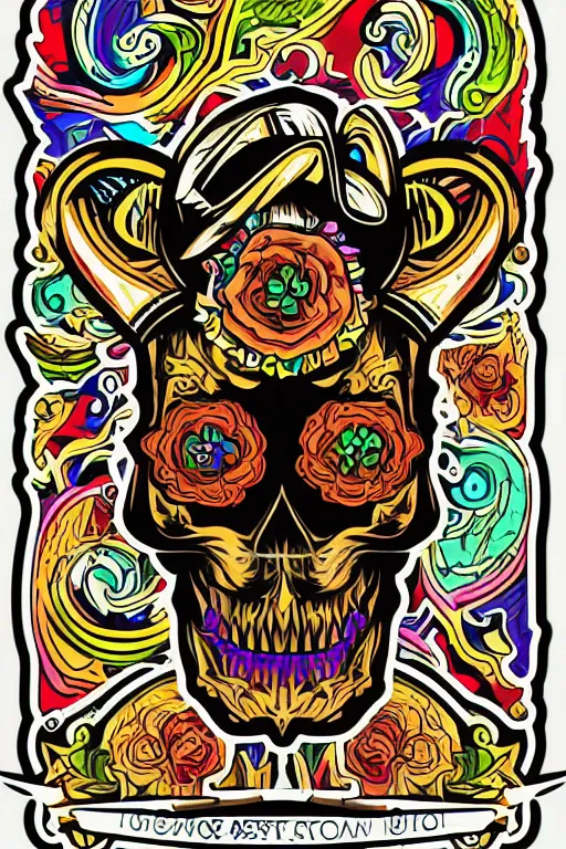 Image similar to A portrait of a skull that is a cowboy, sticker, colorful, illustration, highly detailed, smooth and clean vector curves, no jagged lines, vector art, smooth