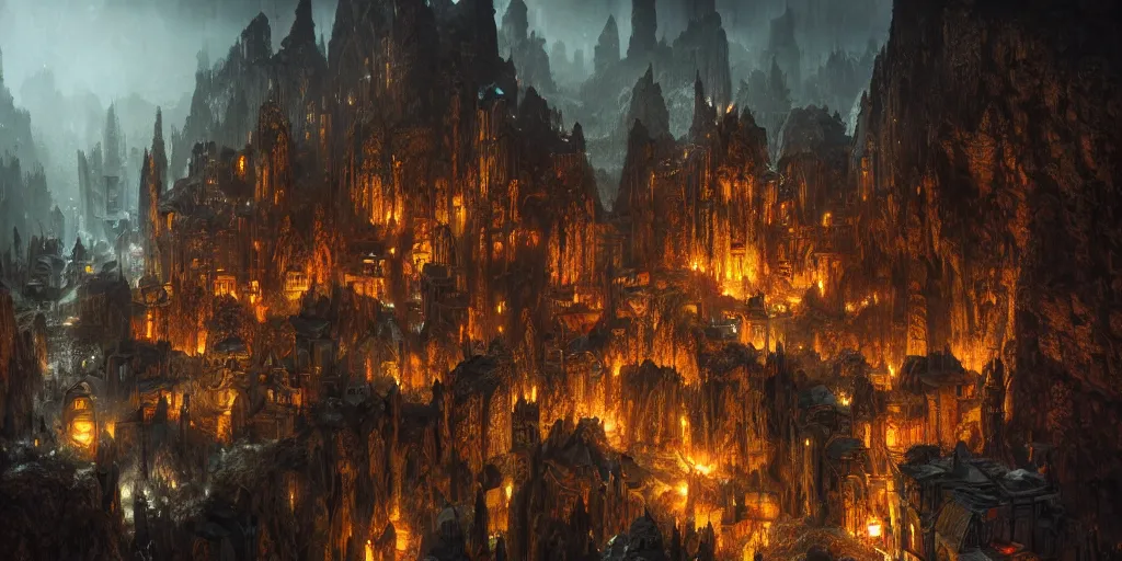 Image similar to A shining dwarven city in a dark, rainy and gloomy cavern, fantasy digital art, octane render, beautiful composition, trending on artstation, award-winning photograph, masterpiece