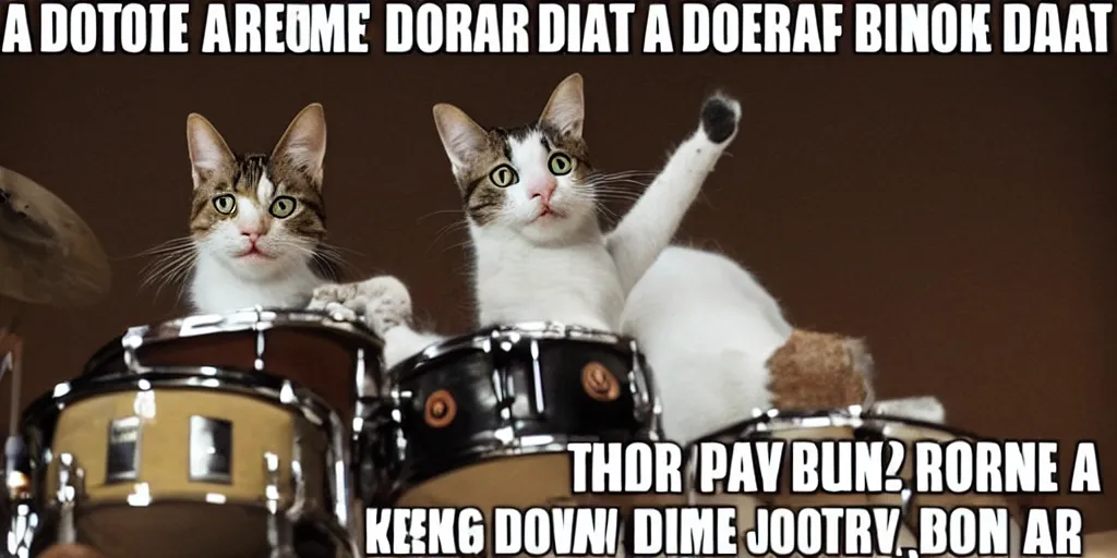 Image similar to a photo of a cat playing drums ironically and funny, meme ba da cha, joke punchline