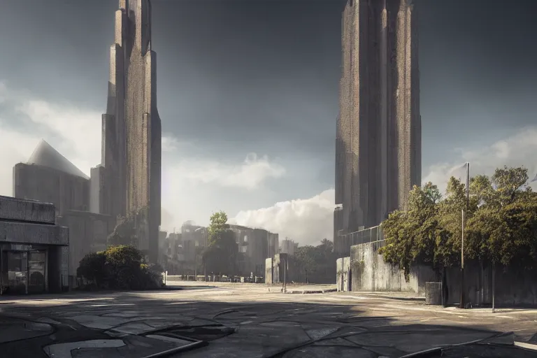 Image similar to streetscape, a towering cathedral of brutalist architecture, buildings covered with greebles, stunning volumetric light, sunset, metal, concrete and translucent material, stunning skies, majestic landscape, trending on Artstation, 8k, photorealistic, hyper detailed, unreal engine 5, IMAX quality, cinematic, epic lighting, in the style of Greg Rutkowski