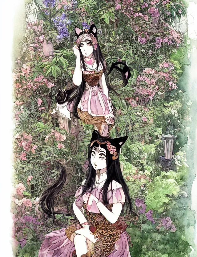 Prompt: central asian woman with cat ears, wearing a lovely dress in a steampunk garden. this watercolor painting by the award - winning mangaka has impeccable lighting, an interesting color scheme and intricate details.