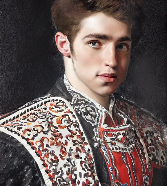 Prompt: portrait of a handsome young spanish bullfighter, art by denys tsiperko and bogdan rezunenko and franz xaver kosler, hyperrealism