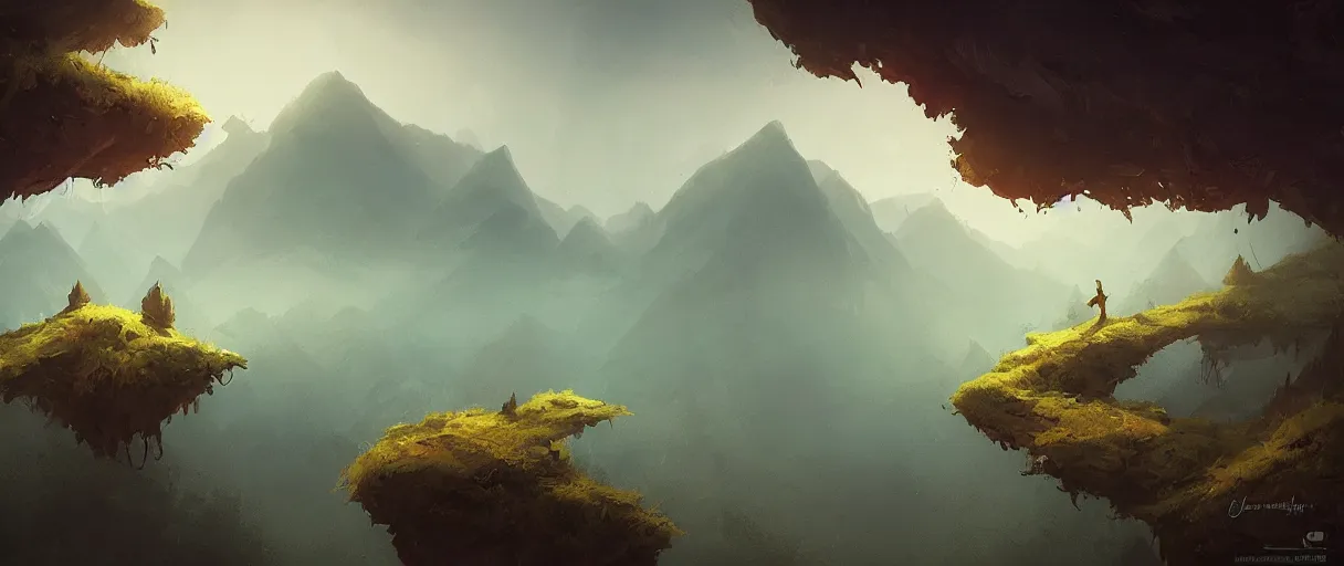 Image similar to floating islands over forest, mountains in background, concept art, low angle, cinematic, style of jordan grimmer