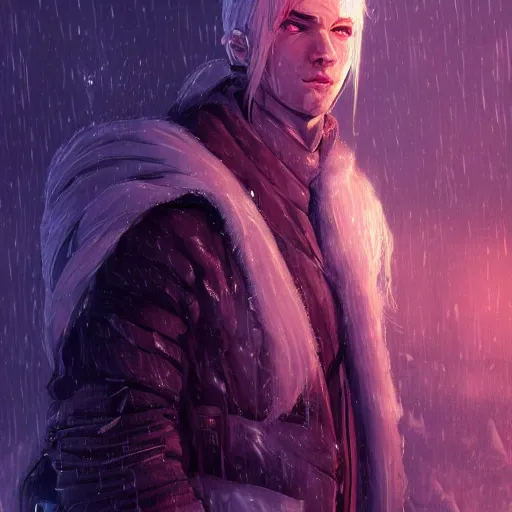 Prompt: portrait of the pale blond soldier Deckard, long curly blond hair, jagged black cyberpunk armor, imperial russian city streets covered in snow, sci fi, night time, ambient lighting, 4k, anime key visual, lois van baarle, ilya kuvshinov, rossdraws, artstation