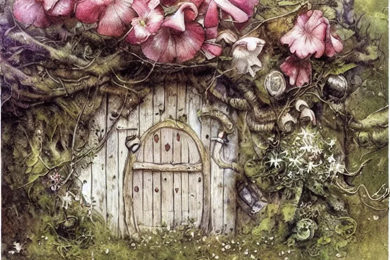 Prompt: ! dream white background. whimsical jean - baptiste monge painting of a hobbit house. retro airbrush detailed. loose watercolor with hard edges. flower with vines, moss and mushrooms. with white paper background. by jean - baptiste monge,!!!!!!!!!