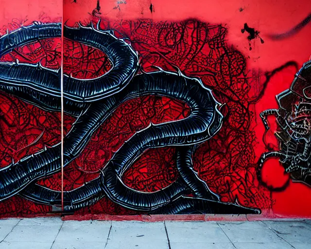 Prompt: 16k photorealistic image of a wall that has some lovecraftian graffiti on it inspired by wretched dragon rib cage. lovecraftian graffiti in red and black colors. the art is cursed and ecrusted with jewels.