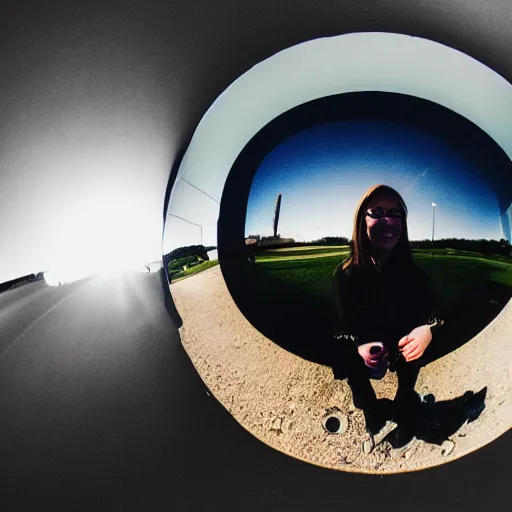 Prompt: person very close to camera, wideangle fisheye lense photography