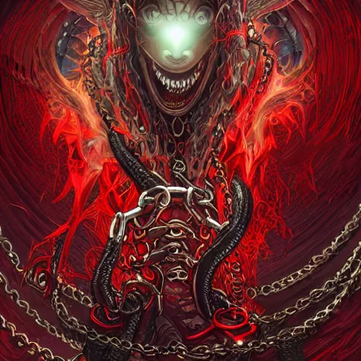 Image similar to demon, satan, red eyes, chain, handcuffs, large chain, wide open wife mouth, scream, cruelty, light effect, hyper detailed, intricate, elegant, highly detailed, digital painting, artstation, concept art, matte, sharp focus, illustration, by dan mumford, yusuke murata, makoto shinkai, ross tran