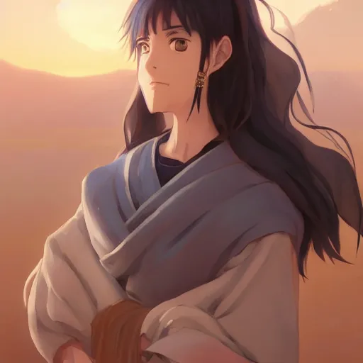 Prompt: an anime portrait of Haku from Spirited away as a rich egyptian prince in the desert, by Stanley Artgerm Lau, WLOP, Rossdraws, James Jean, Andrei Riabovitchev, Marc Simonetti, and Sakimichan, trending on artstation