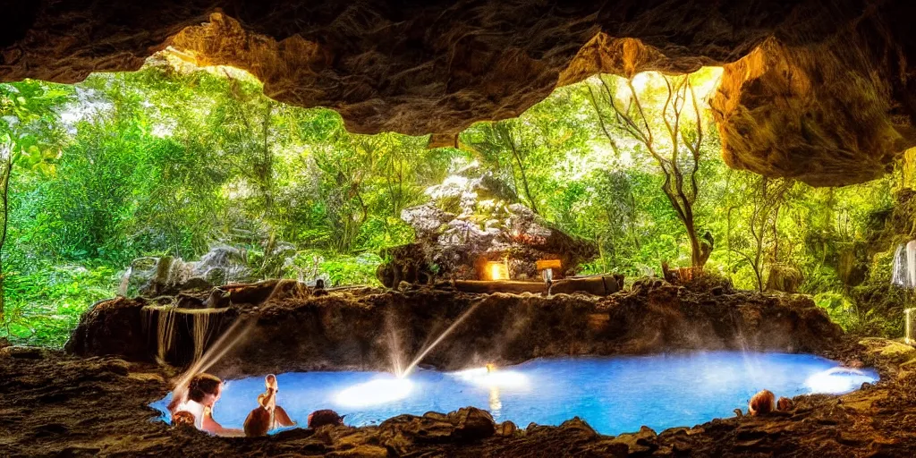 Image similar to detailed interior of cozy hotsprings hidden inside a cave, small waterfalls, lush vegetation, flowers, towels, plates of fruit, god rays, light shafts, stunning atmosphere, by Peter Mohrcacher, cinematic lighting