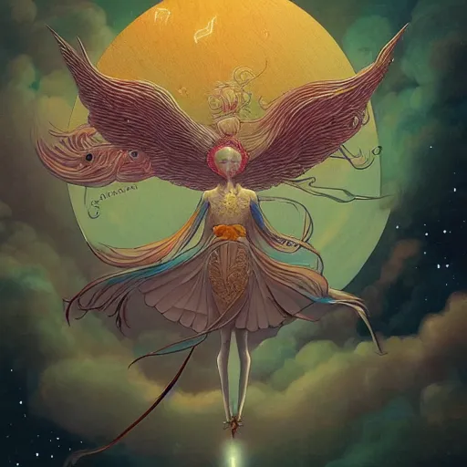 Prompt: an highly detailed illustration of an angel of the moon luna, in the heavens by victo ngai, peter mohrbacher digital art saturated colors