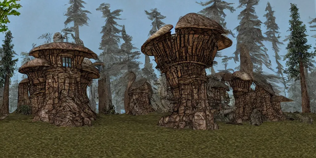 Prompt: large residence in pacific northwest, style of telvanni wizard's mushroom tower