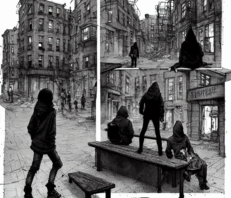 Image similar to sadie sink in hoodie sits on bench in ruined square, pedestrians walk by, steampunk tenements : storyboard, scifi cyberpunk. by gabriel hardman. cinematic atmosphere, detailed and intricate, perfect anatomy