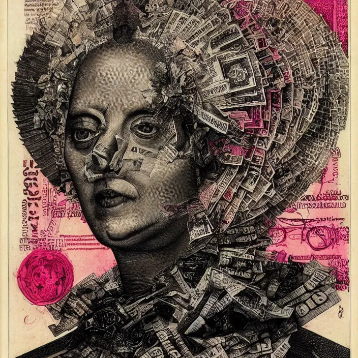 Prompt: post - punk album cover, asymmetrical design, dollar bank notes, capitalism, magic, apocalypse, psychedelic, black white pink, highly detailed, magic, giger h. r., giuseppe arcimboldo