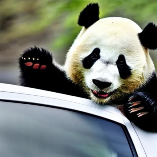 Prompt: a panda driving