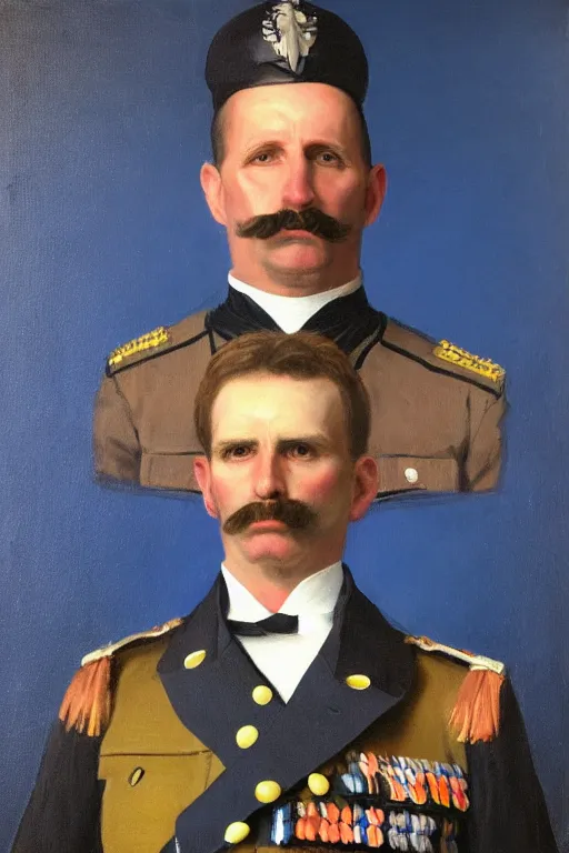 Image similar to full body portrait of the dictator of the oklahoma city thunder, 1 8 8 9, in full military garb, thunder blue, sunset, navy blue, oil on canvas by william sidney mount, trending on artstation