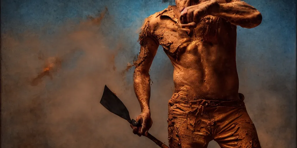 Image similar to highly detailed photography of a men made of rust clay and fire, hand gesture, sharp focus, dust particles, dirt, dramatic scene, aesthetic, dynamic lighting, elegant, harmony, masterpiece, by roberto ferri, blue background, high quality, spatula