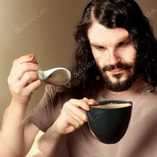 Image similar to man with long dark hair drunk with coffee who is sad because others are not boys