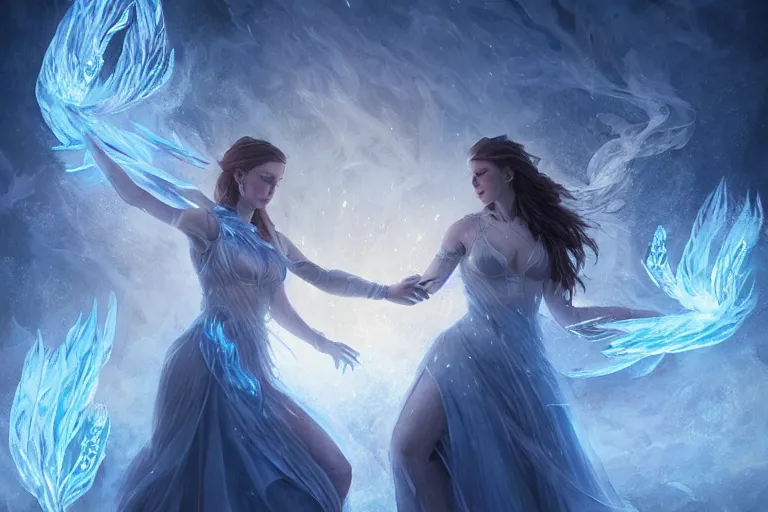 Image similar to beautiful female ice goddess fighting a beautiful fire goddess, digital painting, intricate, elegant, beautiful volumetric lighting, icicle, fire art by Leesha Hannigan, Ross Tran, Thierry Doizon, Kai Carpenter, Ignacio Fernández Ríos